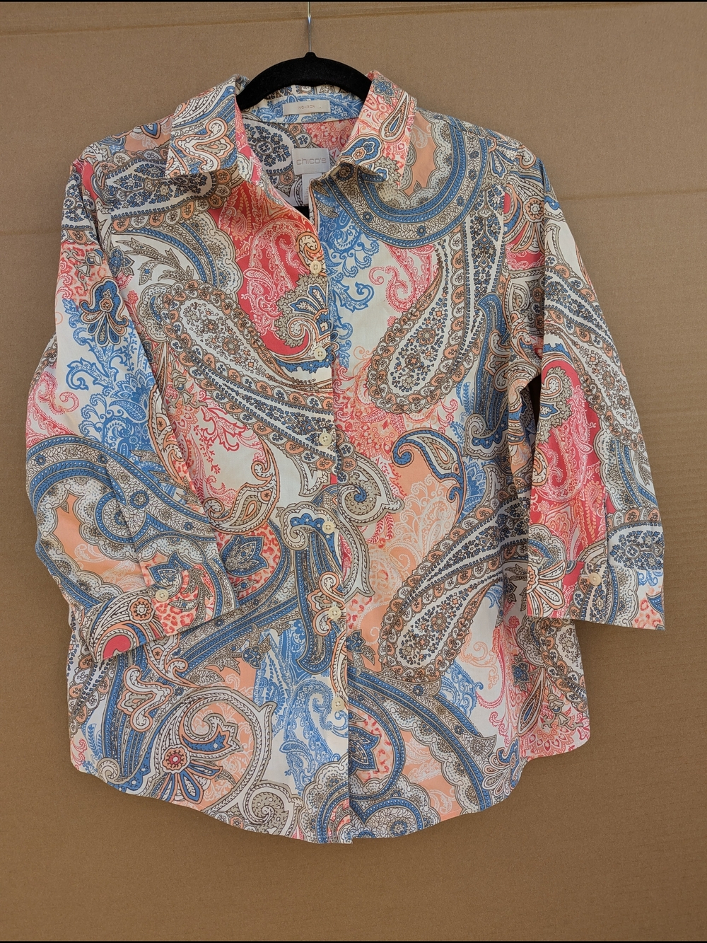 Chicos No-Iron Boho Paisley Blue Coral  3/4 Sleeve Button Blouse Top 0 Vacation